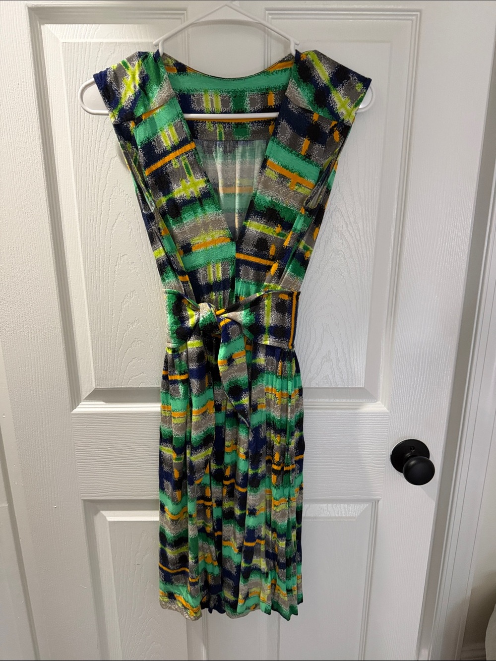 Anthropologie Jersey Dress Green, Navy & Yellow Patterned